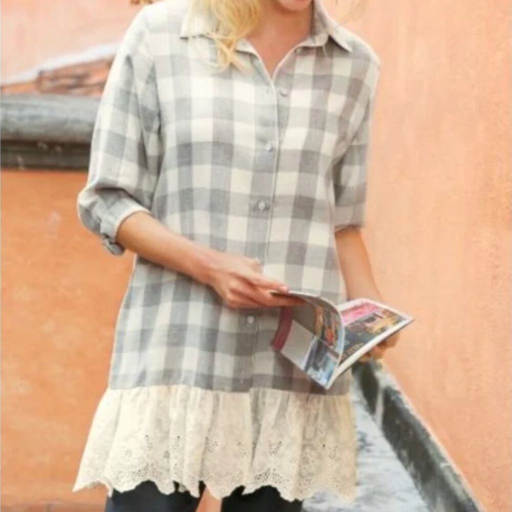 Soft Surroundings Flannel Plaid Wide Eyelet Lace Tunic